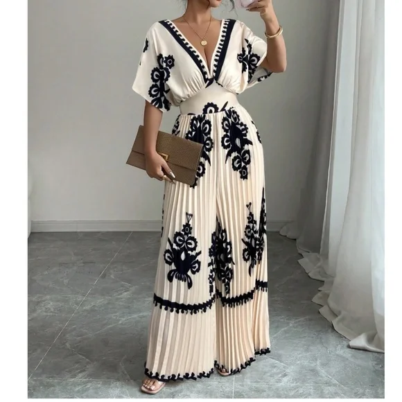 Classic Plunging Neck Kimono Sleeve Pleated Wide Leg Jumpsuit - Picture 1 of 4